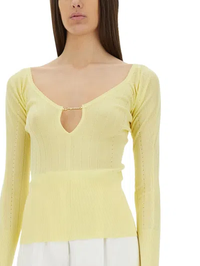 Jacquemus Slim Fit V-neckline Long Sleeves Ribbed Hem In Yellow