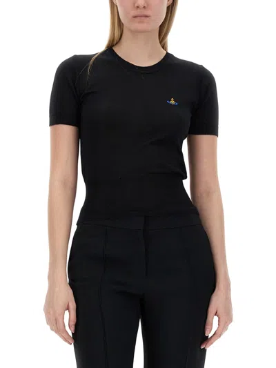 Vivienne Westwood Fitted Short Puff Sleeve Sweater With Embroidered Emblem In Black