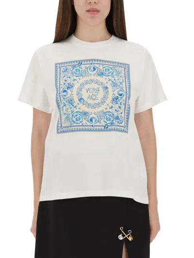 Versace Crew Neck Graphic Print Short Sleeves Top In White