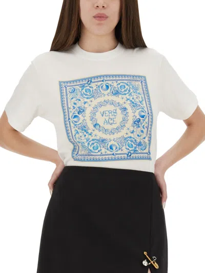 Versace Crew Neck Graphic Print Short Sleeves Top In White