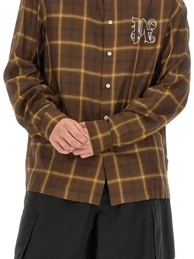 Palm Angels Logo Embroidered Checked Long-sleeved Shirt In Brown
