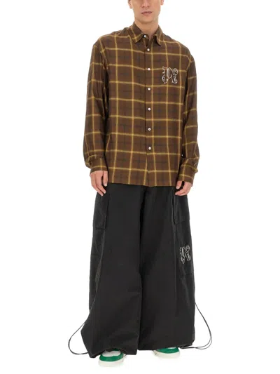Palm Angels Logo Embroidered Checked Long-sleeved Shirt In Brown