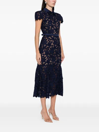 Self-portrait Womens Navy Guipure-lace Cap-sleeves Midi Dress In Multi