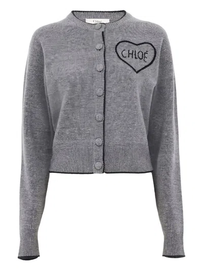 Chloé Wool And Cashmere Cardigan With Logo Knitwear Grey In Gray