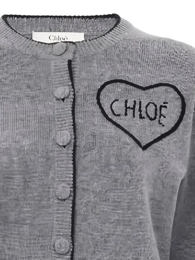 Chloé Wool And Cashmere Cardigan With Logo Knitwear Grey In Gray
