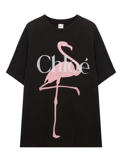 Chloé Oversized Fit Flamingo-print Cotton Jersey T-shirt In Black