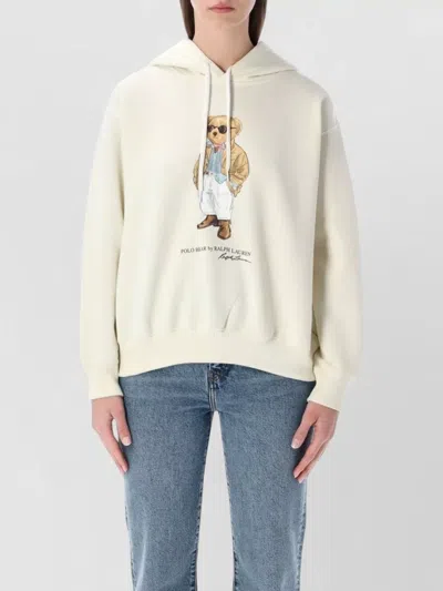 Polo Ralph Lauren Bear Hoodie Top Graphic Print Ribbed Cuffs In Neutral