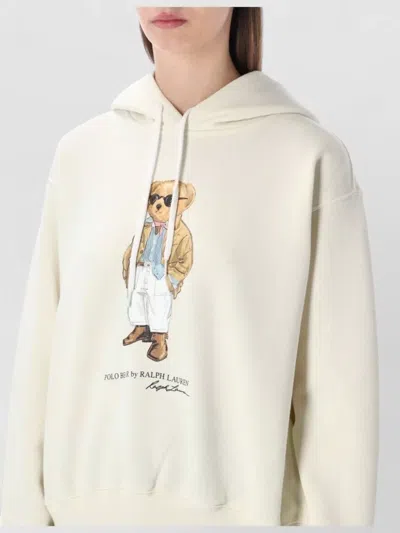 Polo Ralph Lauren Bear Hoodie Top Graphic Print Ribbed Cuffs In Neutral