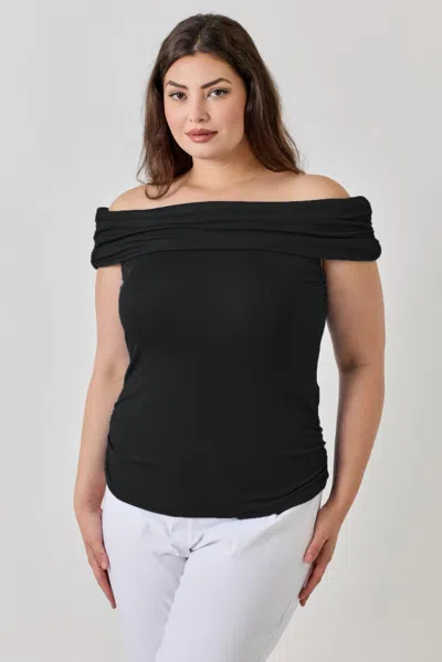 Truedames Plus Size Ots Pointelle Knit Rib Fold Over Top In Black