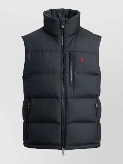 Ralph Lauren Puffer Gilet High Collar Quilted Zip Pockets In Black