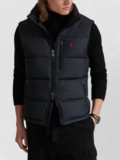 Ralph Lauren Puffer Gilet High Collar Quilted Zip Pockets In Black