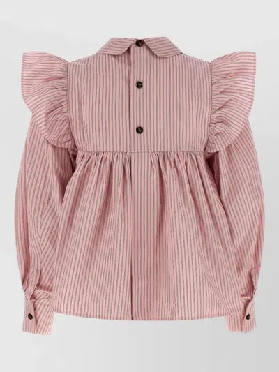 Ganni Blouse Collared Neck Long Sleeves Stripes Ruffles In Pink