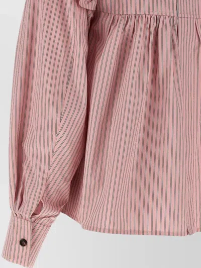 Ganni Blouse Collared Neck Long Sleeves Stripes Ruffles In Pink