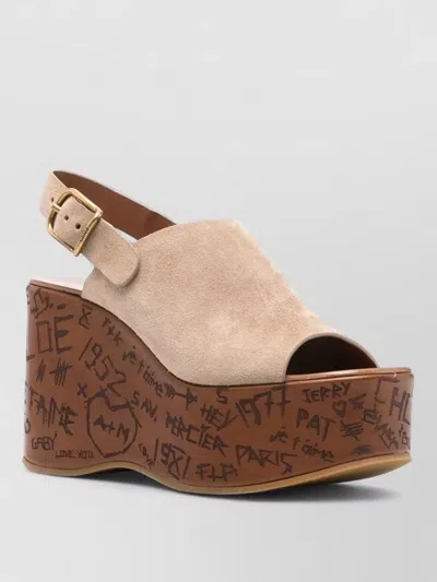 Chloé Platform Sandals Peep Toe Slingback Graffiti In Brown
