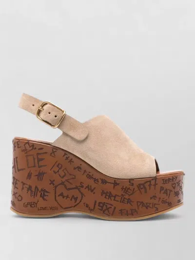 Chloé Platform Sandals Peep Toe Slingback Graffiti In Brown