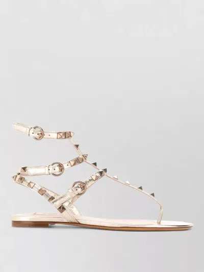 Valentino Rockstud Leather Cage Flat Thong Sandals In Neutral