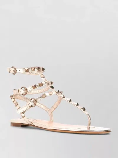 Valentino Rockstud Leather Cage Flat Thong Sandals In Neutral