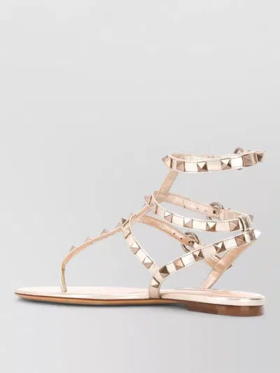 Valentino Rockstud Leather Cage Flat Thong Sandals In Neutral