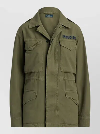 Ralph Lauren Cotton Twill Jacket Spread Collar Epaulettes In Green