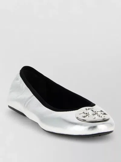Tory Burch Silver Colored Ballerinas With Logo Plaque On The Front And Elasticated Design In Leather Woman In Gray
