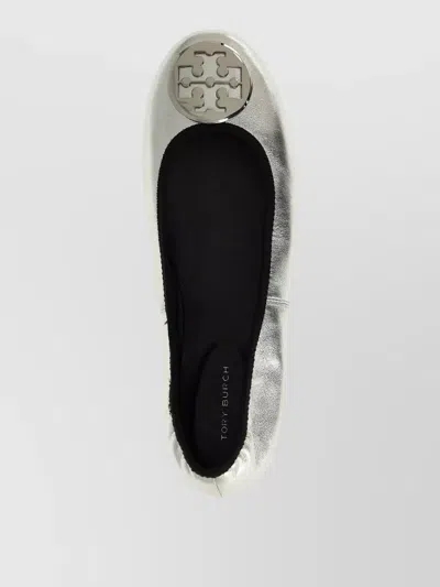 Tory Burch Silver Colored Ballerinas With Logo Plaque On The Front And Elasticated Design In Leather Woman In Gray