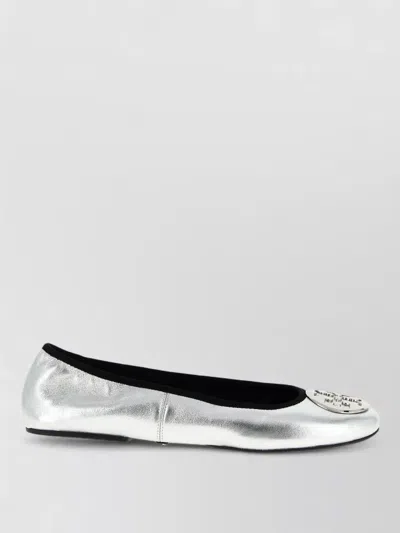 Tory Burch Silver Colored Ballerinas With Logo Plaque On The Front And Elasticated Design In Leather Woman In Gray