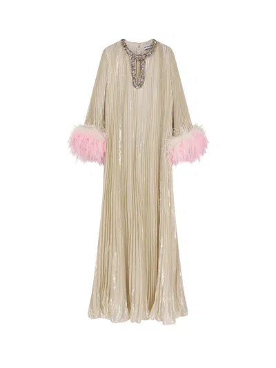 Self-portrait Embellished Feather-trimmed Silk-blend Maxi Dress In Multi