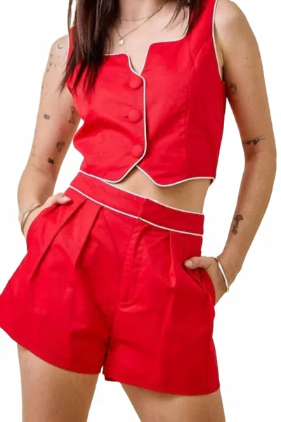 Day + Moon Notched Crop Top And Shorts Set In Red In Red