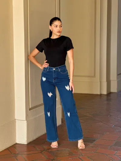 Truedames Embroidered Distressed Heart Wide Leg Denim Jean In Blue