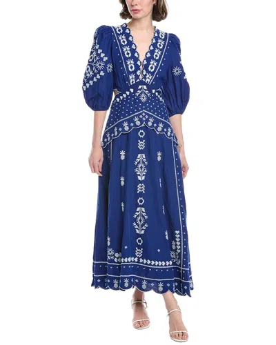 Farm Rio Embroidered Cutout Linen-blend Midi Dress In Blue
