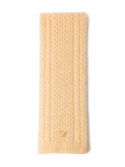Prada Triangle-logo Cable-knit Scarf In Gold