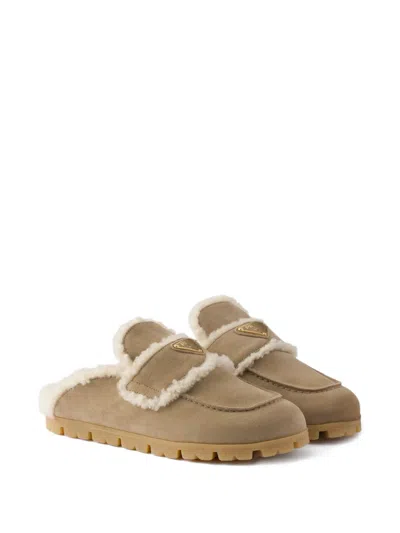 Prada Shearling Logo-plaque Mules In Neutral