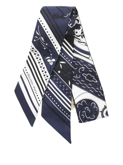 Pre-owned Hermes 2020s Festival Des Amazones Ribbon Silk Scarf In Blue