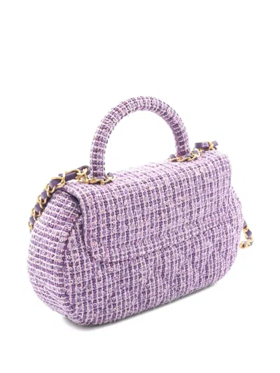 Pre-owned Chanel 2021 Mini Flap Chain-strap Tweed Tote Bag In Purple