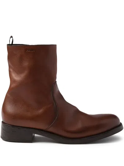 Prada Mens Leather Boots Round Toe Design In Brown