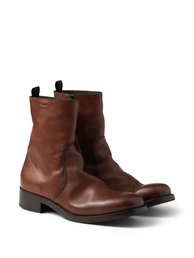 Prada Mens Leather Boots Round Toe Design In Brown