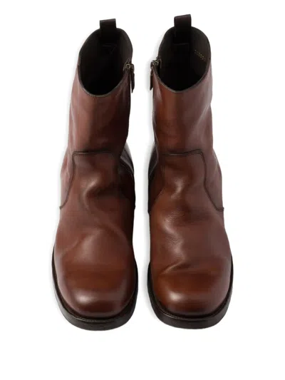 Prada Mens Leather Boots Round Toe Design In Brown