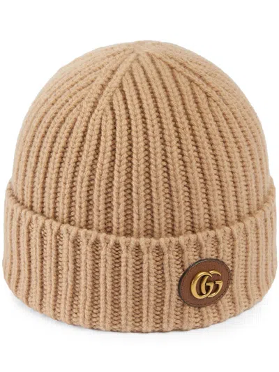 Gucci Womens Camel Double-g Ribbed Wool And Cashmere Beanie In Brown