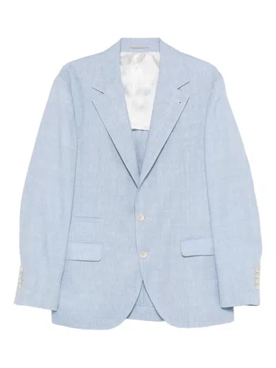 Brunello Cucinelli Linen And Wool Chevron Blazer Light Blue In Blue
