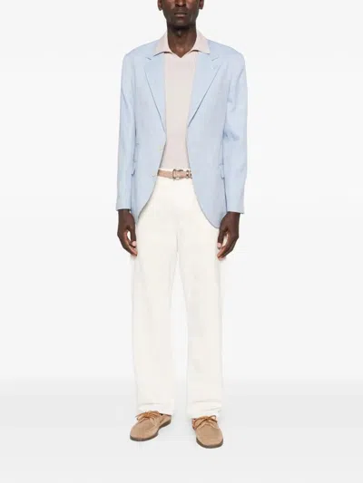 Brunello Cucinelli Linen And Wool Chevron Blazer Light Blue In Blue