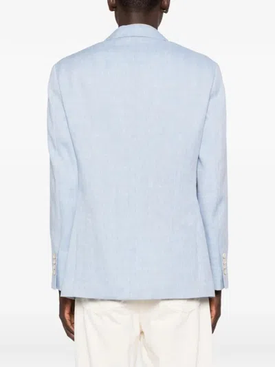 Brunello Cucinelli Linen And Wool Chevron Blazer Light Blue In Blue