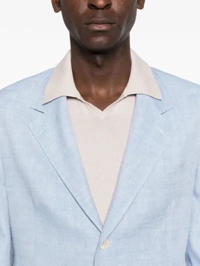 Brunello Cucinelli Linen And Wool Chevron Blazer Light Blue In Blue