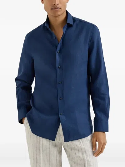 Brunello Cucinelli Men Linen Shirt In Blue