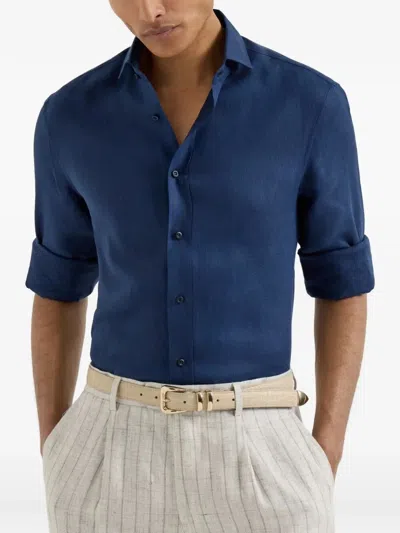 Brunello Cucinelli Men Linen Shirt In Blue