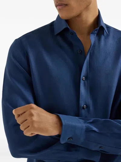 Brunello Cucinelli Men Linen Shirt In Blue