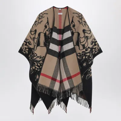 Burberry Beige Wool Cape With Logo Intarsia Women In Multi