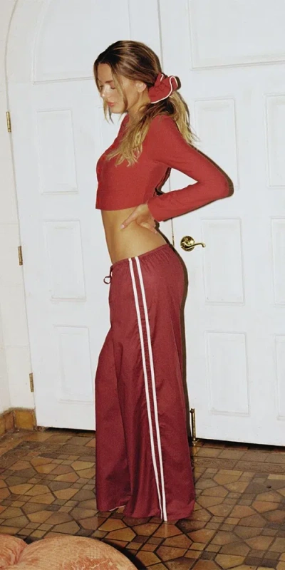 Montce Sporty Drawstring Wide-leg Pant Maroon