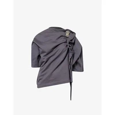 Dries Van Noten Womens  Embellished Asymmetric Cotton-jersey Top In Gray
