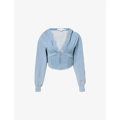 Good American Cotton Jeanius Zip-up Cropped Hoodie In Blue