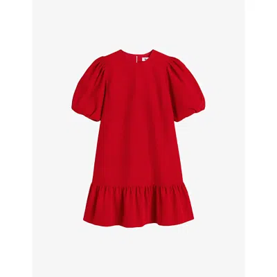 Ro&zo Womens  Frilled Puff-sleeve Cotton-cord Mini Dress In Red